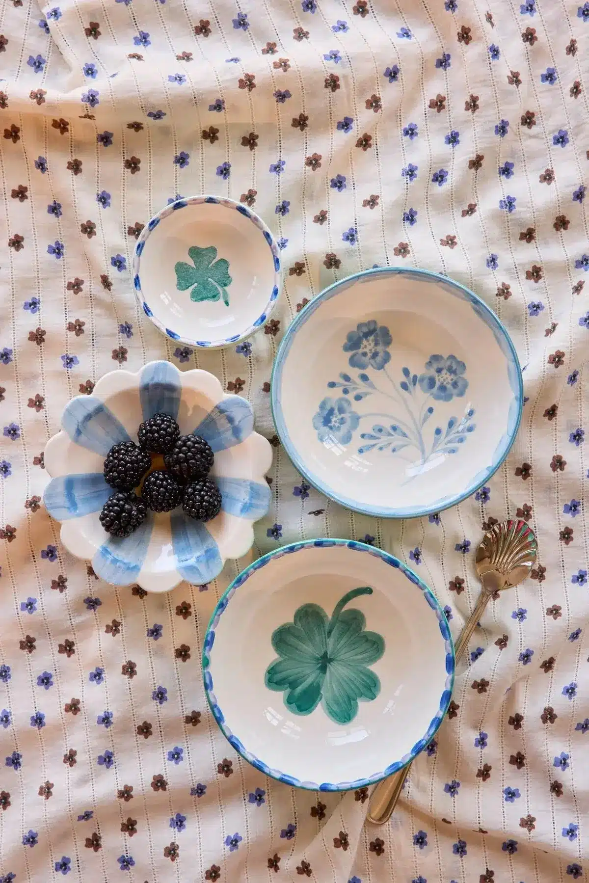 Ceramic Bowl - Blue Flowers - Green