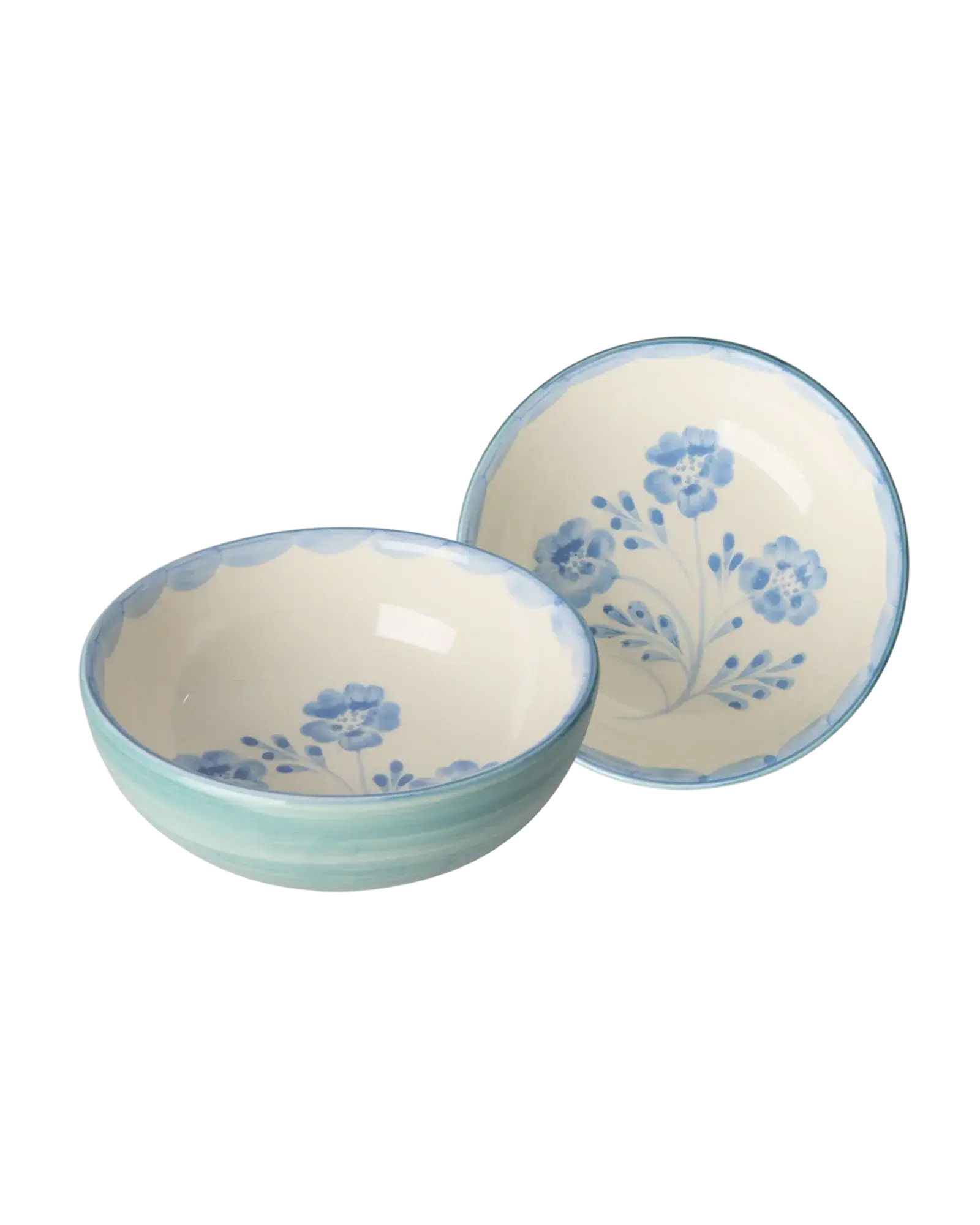 Ceramic Bowl - Blue Flowers - Green