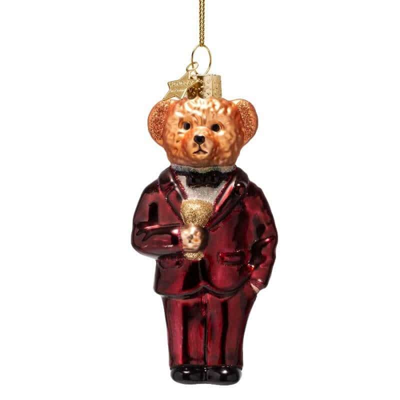 Ornament burgundy bear in clothes