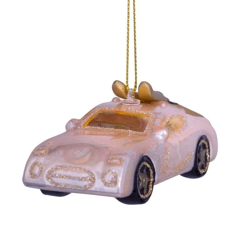 Ornament champagne opal car with skis on top