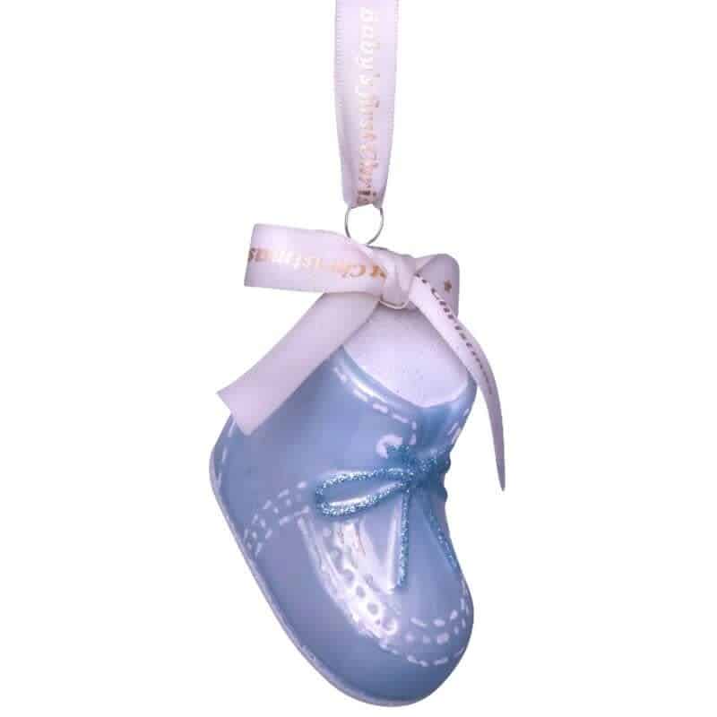 Ornament glass blue baby's first Christmas shoe