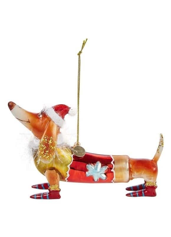 Ornament glass dachshund with christmas hat brown