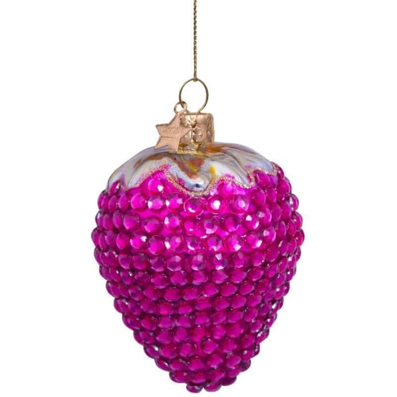 Ornament glass mid pink strawberry w/allover diamonds