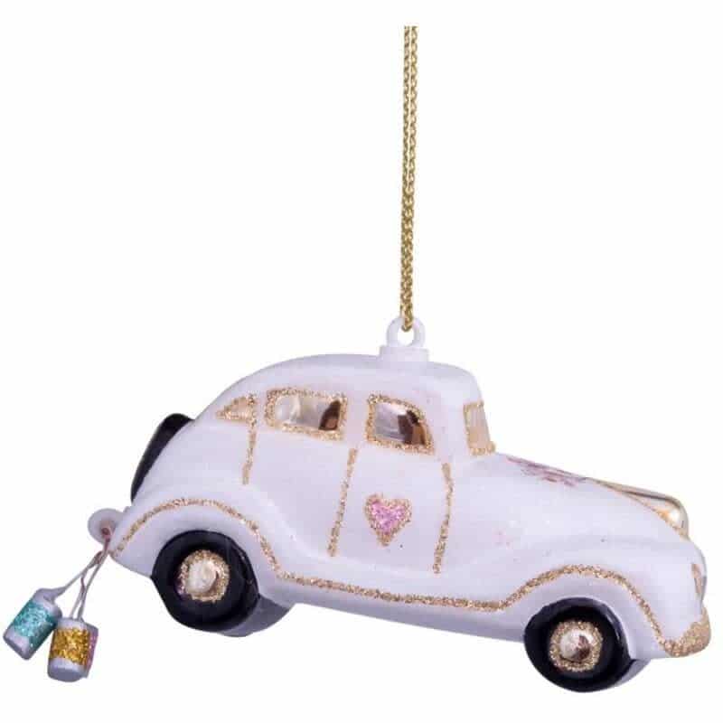 Ornament glass wedding car w/text just married