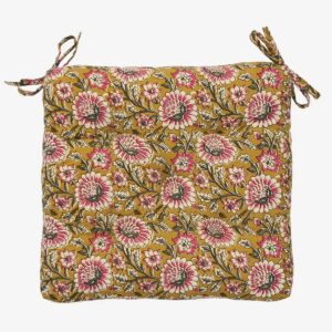 Printed cotton chair pad - Mustard, off white, grey, raspberry