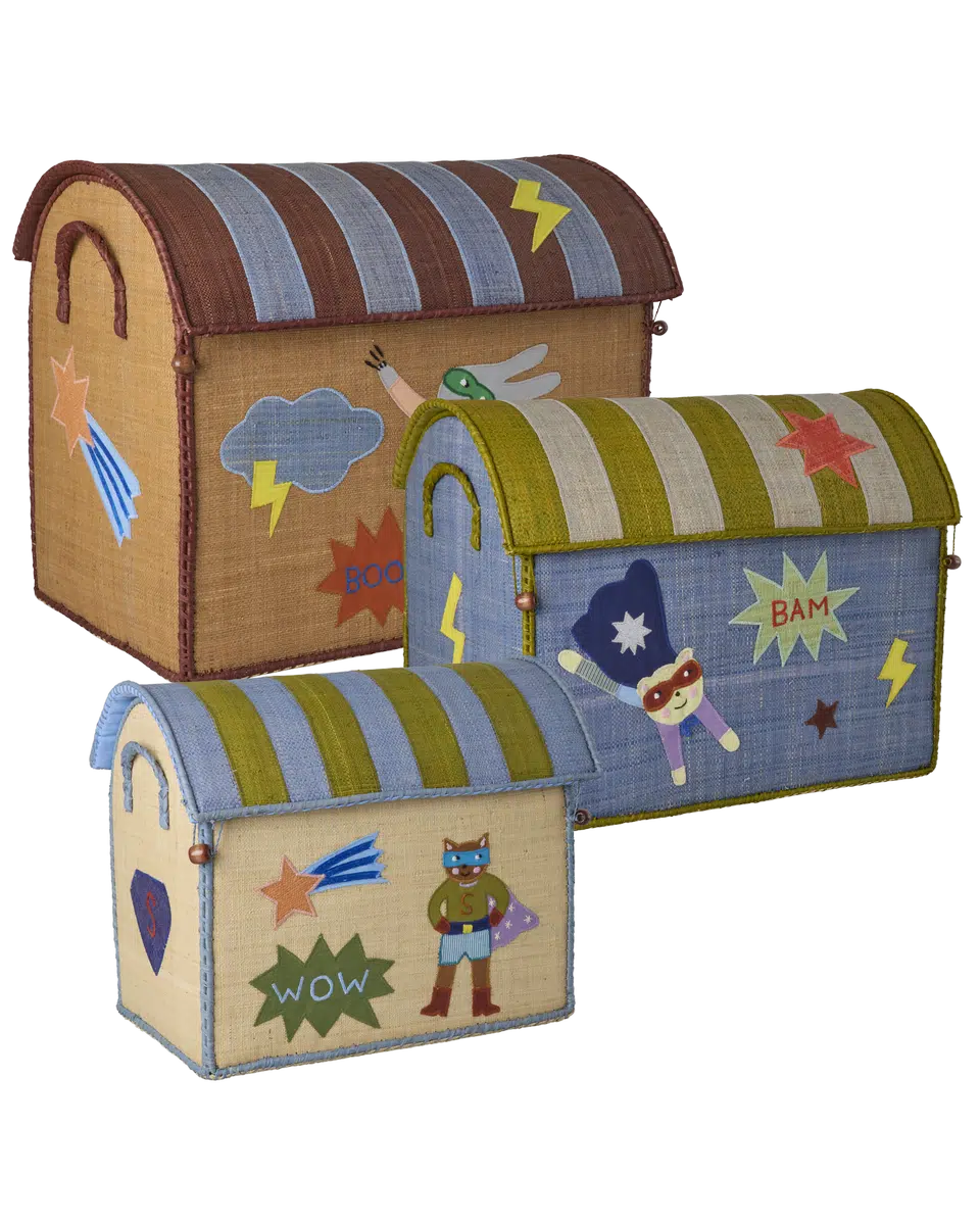 Raffia Toy Baskets with Hero Theme - Blue