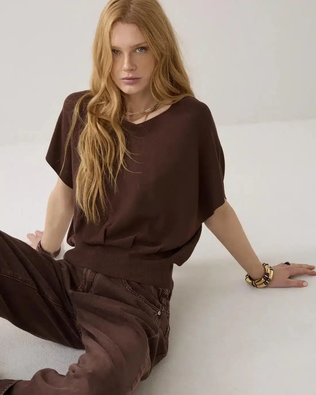 V-neck sweater Viscose blend knit - Coffee