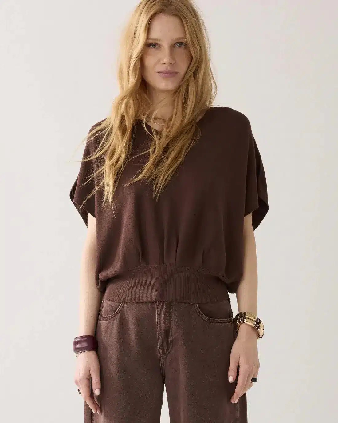 V-neck sweater Viscose blend knit - Coffee
