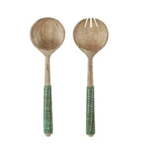 Wooden salad set w/ cane - Natural, green