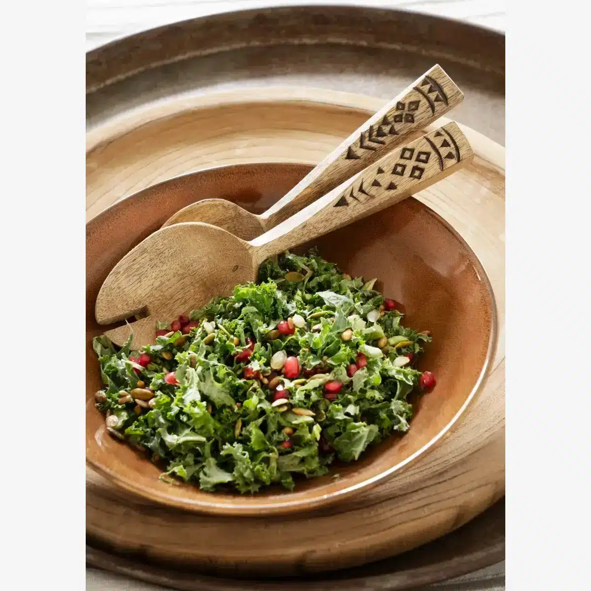 Wooden salad set w/ hand carving