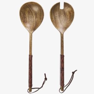 Wooden salad set w/ leather