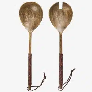 Wooden salad set w/ leather