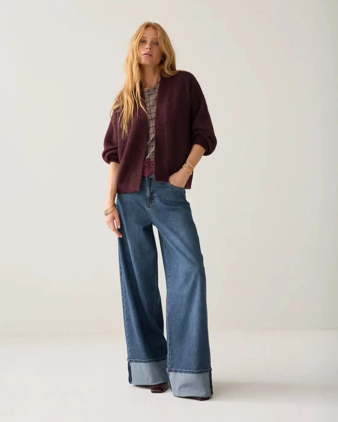 Puff sleeve cardigan Cozy melange knit - Dark Burgundy
