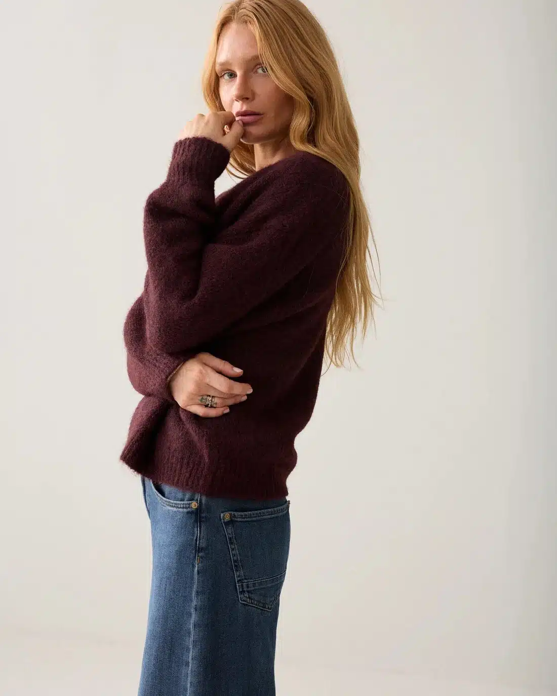 Puff sleeve cardigan Cozy melange knit - Dark Burgundy
