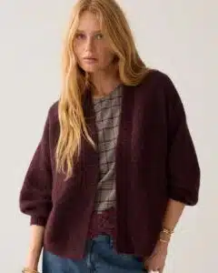 Puff sleeve cardigan Cozy melange knit - Dark Burgundy