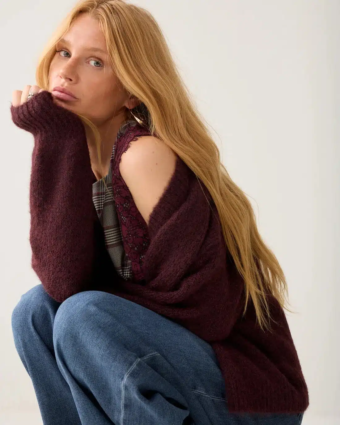 Puff sleeve cardigan Cozy melange knit - Dark Burgundy