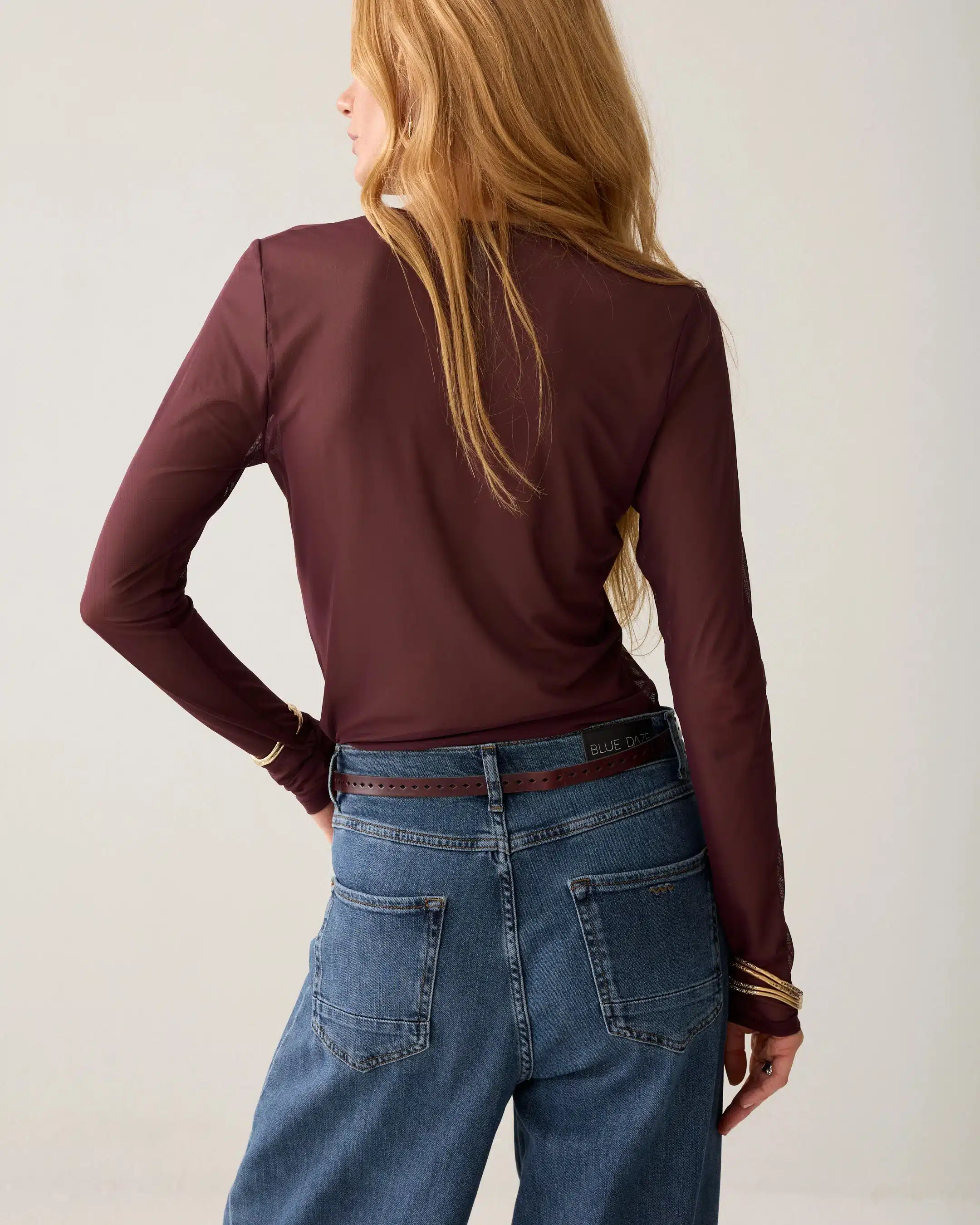Round Neck Top Long Sleeve Mesh Solid - Dark Burgundy