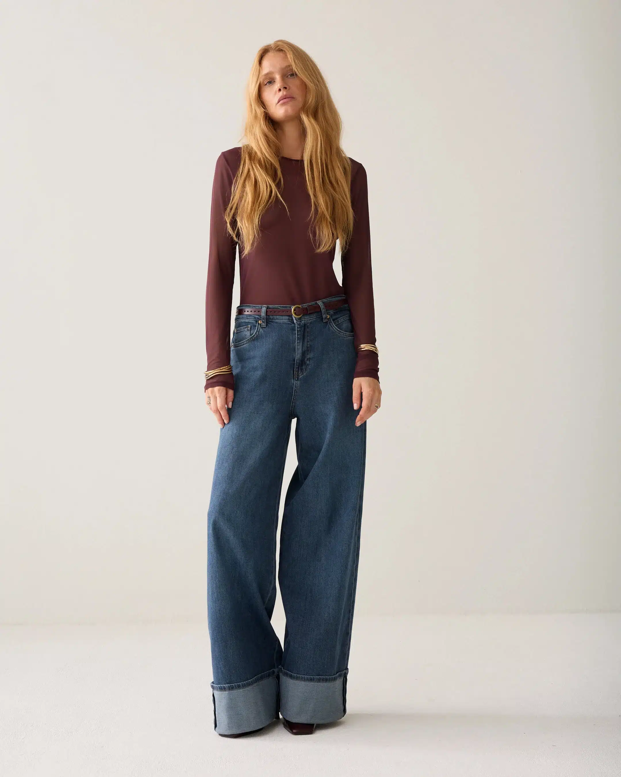 Round Neck Top Long Sleeve Mesh Solid - Dark Burgundy