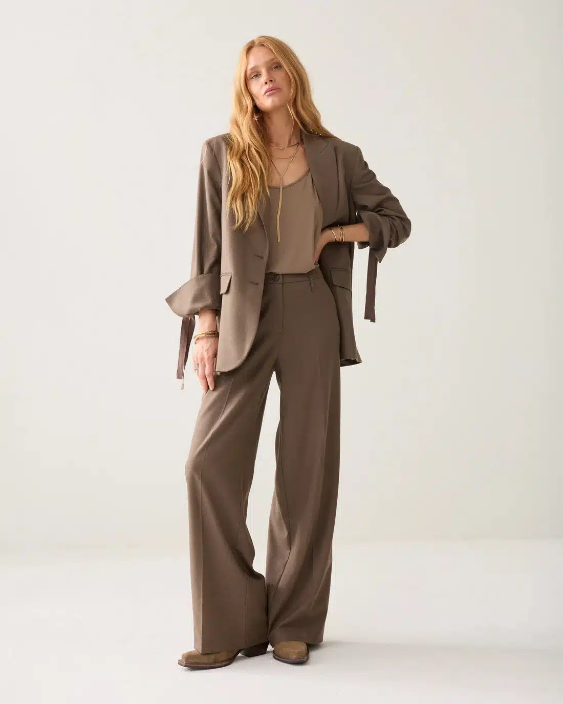 Trousers wide leg Twill melange - Taupe