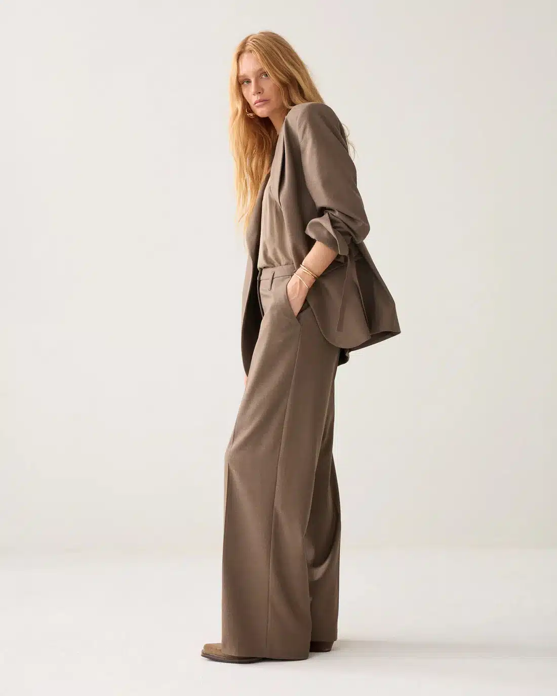 Trousers wide leg Twill melange - Taupe