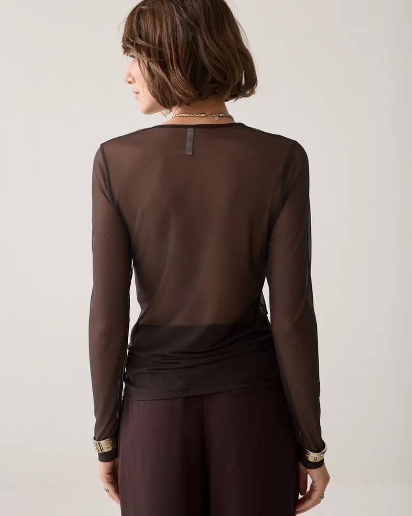 Summum - Round Neck Top Long Sleeve Mesh Solid - Dark Chocolate