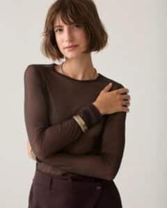 Summum - Round Neck Top Long Sleeve Mesh Solid - Dark Chocolate