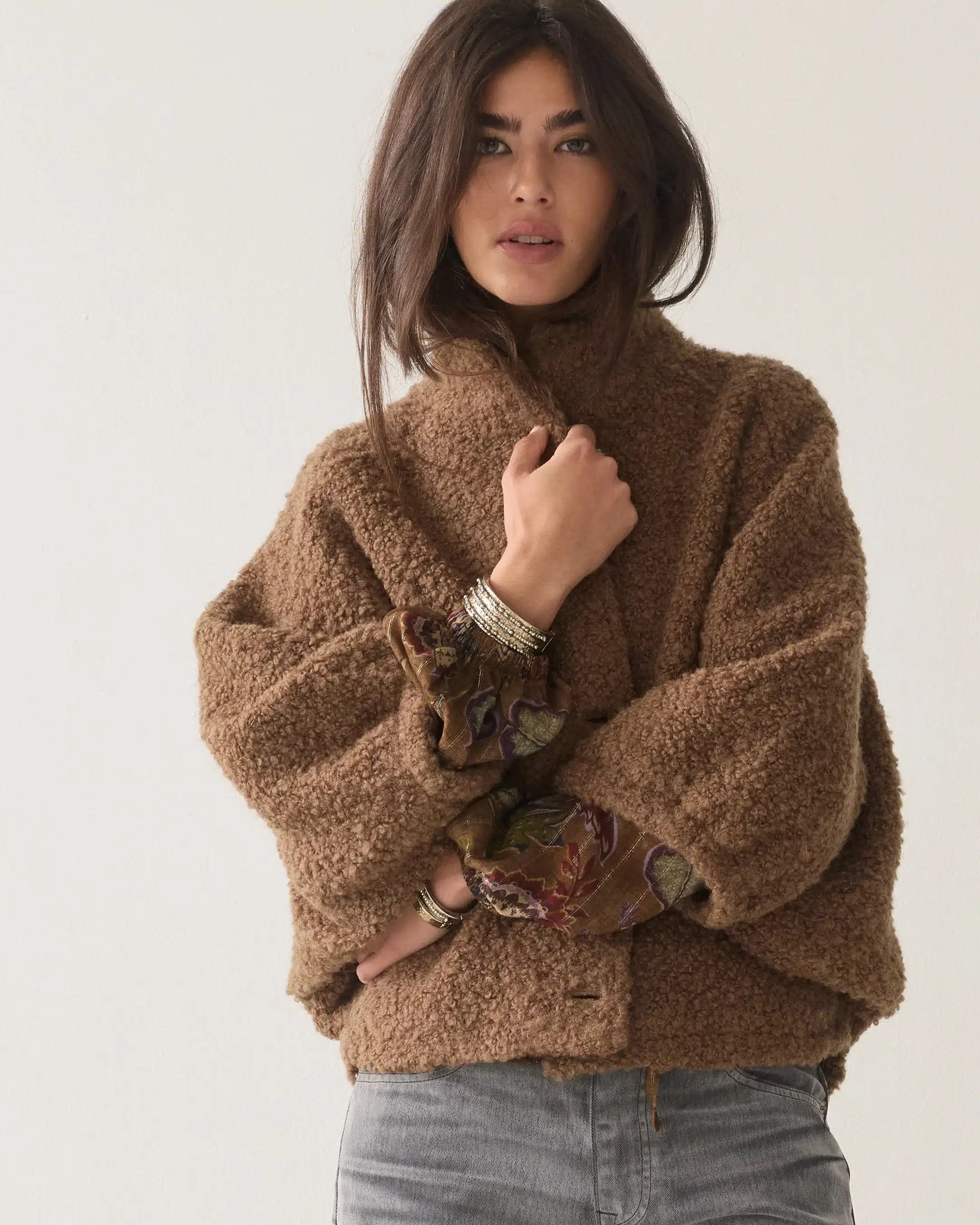 Summum Woman - Cape jacket Boucle wool - Sepia Brown