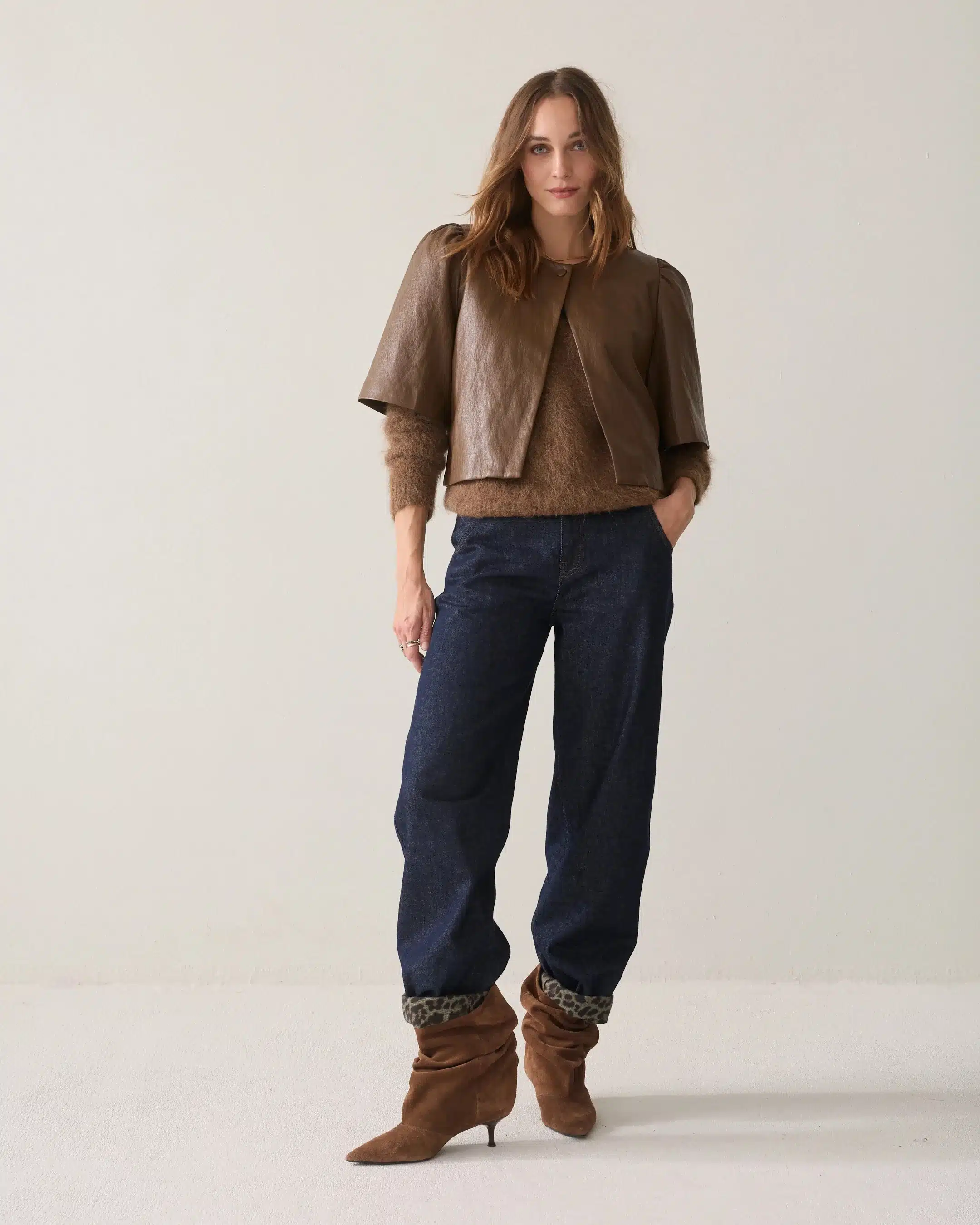Summum Woman - Puff sleeve top Soft faux leather - Sepia Brown