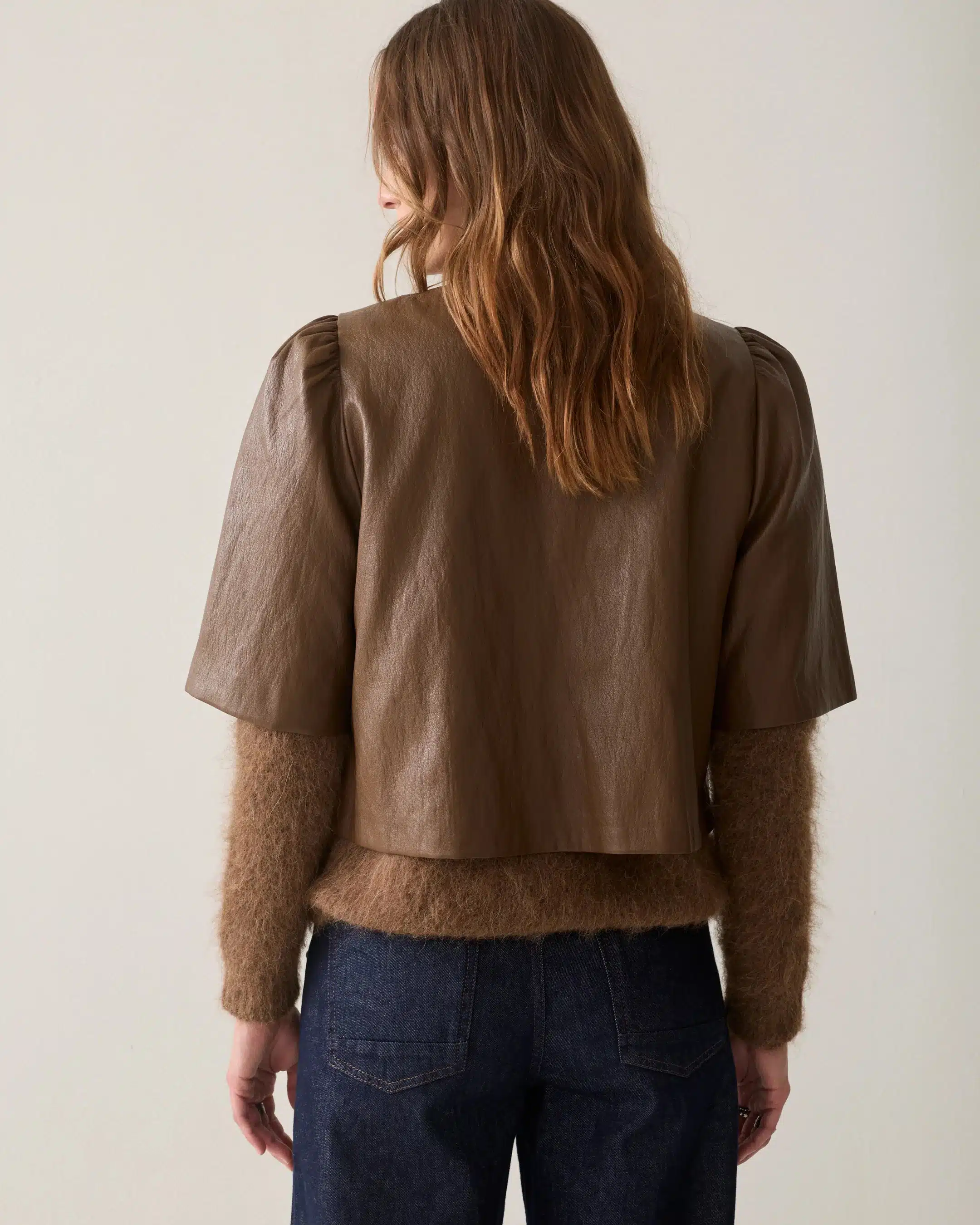 Summum Woman - Puff sleeve top Soft faux leather - Sepia Brown