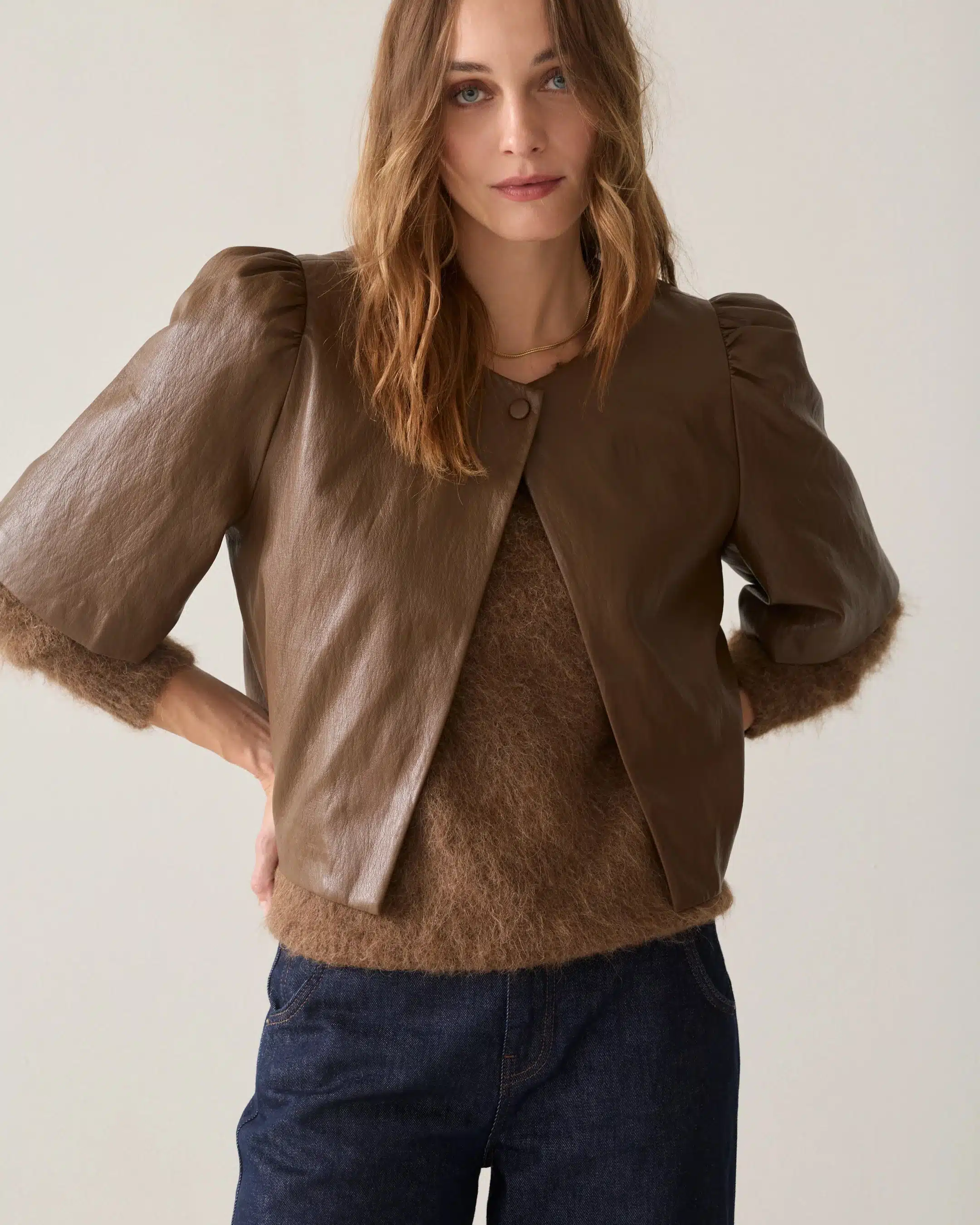 Summum Woman - Puff sleeve top Soft faux leather - Sepia Brown